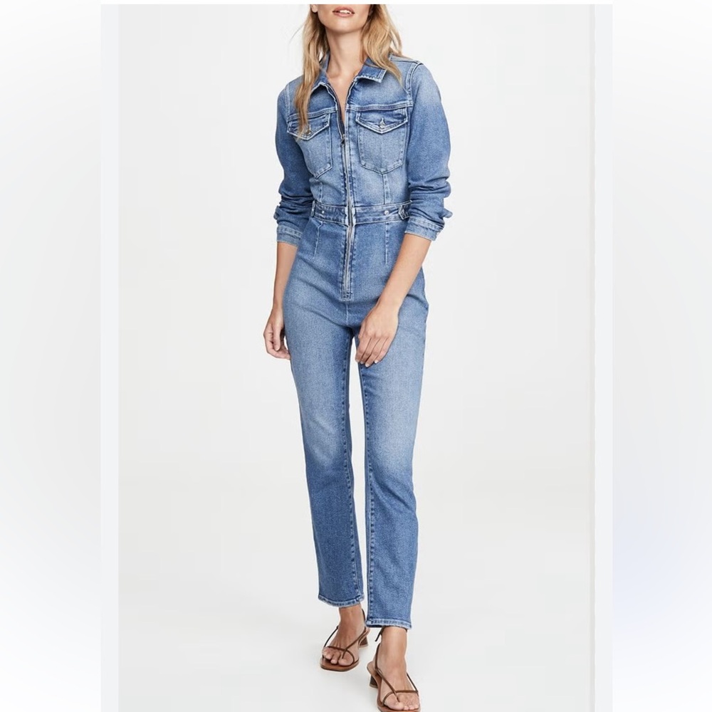 Good American women’s exposed zip denim long sleeve jumpsuit size 2